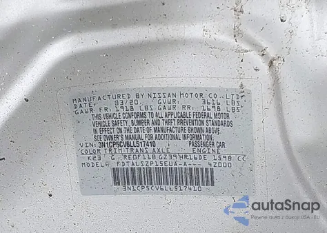 2020 Nissan Kicks Sv z USA, uszkodzony, nr VIN 3N1CP5CV6LL517410